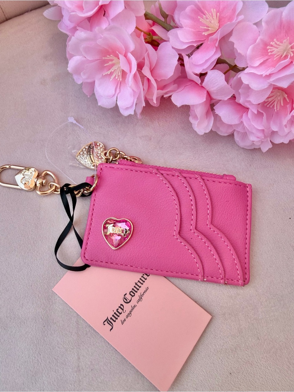 Juicy Couture Hot Pink Heart Card Holder Keychain with Gold Hardware